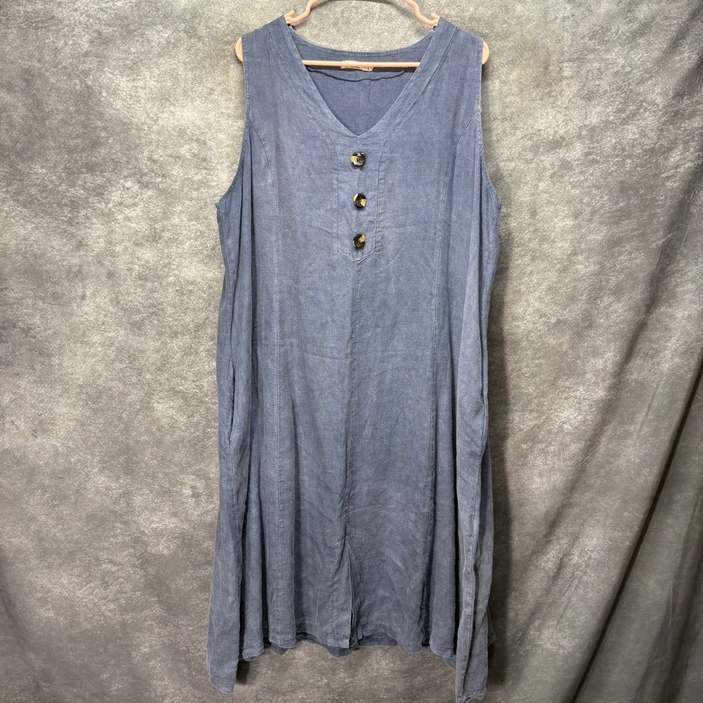 Alessia Pacini Blue 100% Linen Sleeveless V-Neck Midi Dress Size 1X Lagenlook